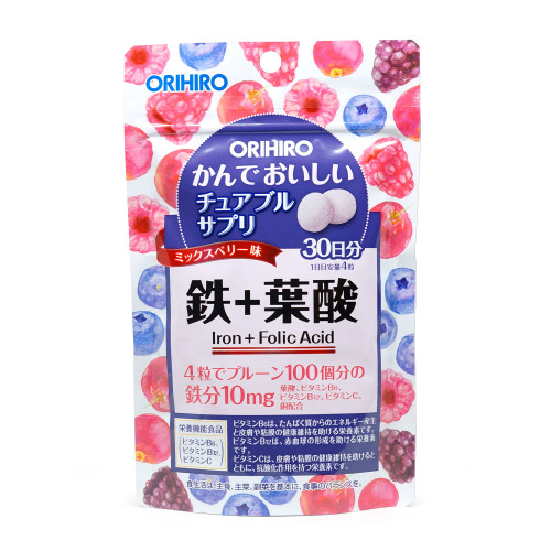 Orihiro 咀嚼糖 鐵 + 葉酸 120粒 什莓味